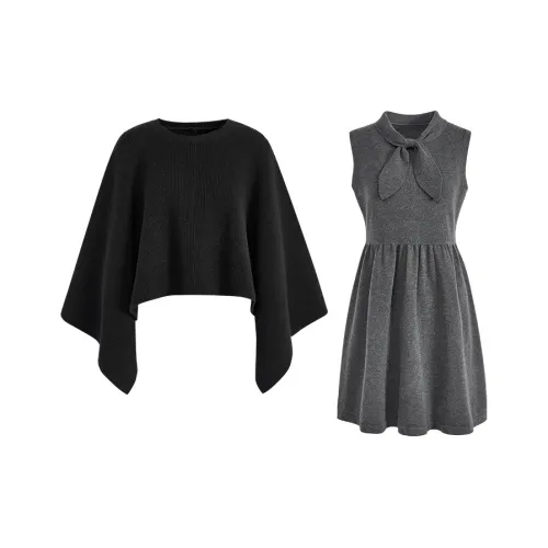 KUOSE Черный Свитер 9024 + Серый Платье 9004 Женские Комплекты с Юбкой