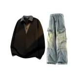 Черный топ с длинными рукавами + винтажные синие штаны