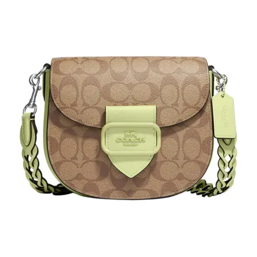 COACH Morgan Покрытие Холст Кожаная Вставка Седло Сумка Сумка через плечо Маленькая Женская Коричневая и Зеленая