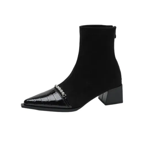 Wuji CHANEL Inspired Заостренный носок Грубый каблук Стразы Ботильоны Для Женщин Женские