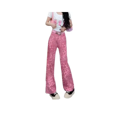 UOOHE Pink Leopard Print Women's Jeans UOOHE Розовые Джинсы с Леопардовым Принтом для Женщин