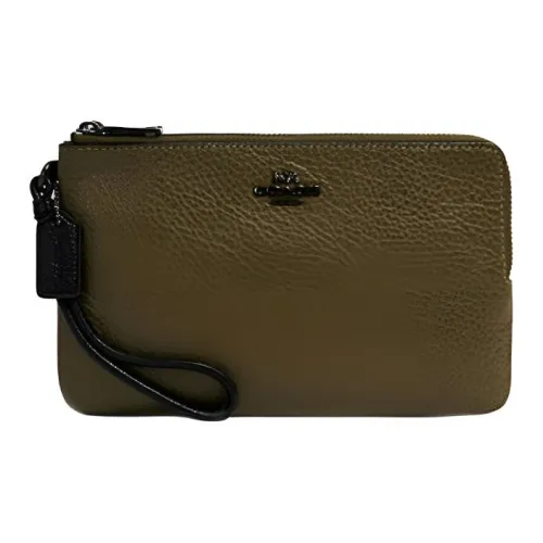 COACH Double Zip Wallet из кожа цвета "галечная" Мужской кошелек Оливковый