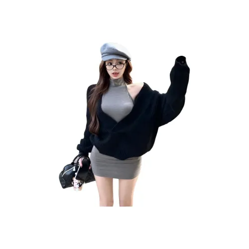 ZVJH Черный Свитер + Серый Сарафан Женские Комплекты с Юбкой