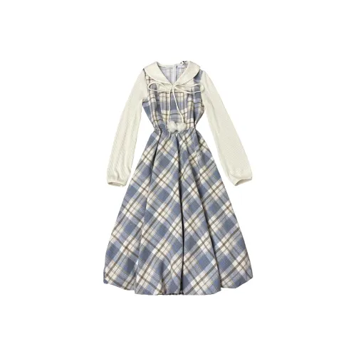 IQC Синий Клетка Женские Длинные Рукава Платья