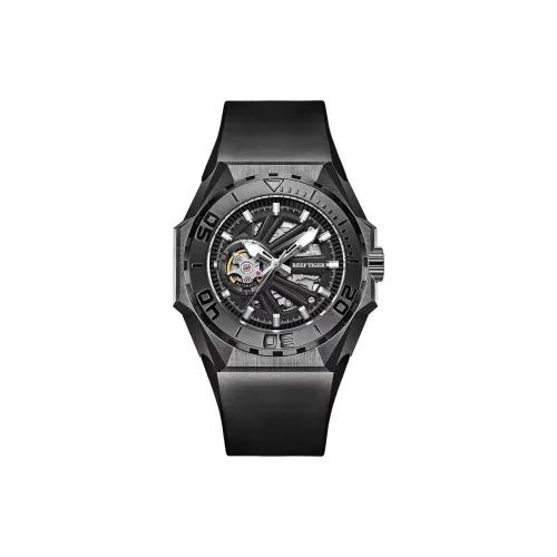 REEF TIGER Автоматический Механический Механизм Силиконовый Ремешок Часы Мужские Черный Циферблат