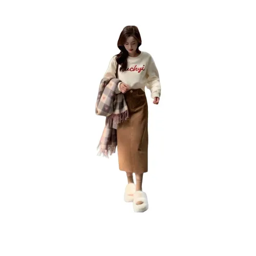 ZVJH Абрикос Толстовка + Коричневая Юбка Женские Комплекты с Юбкой