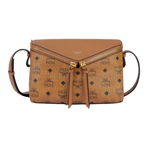 MCM Visetos Классический Узор Искусственная Кожа Сумка через плечо Маленькая Унисекс Коричневый Коньячный