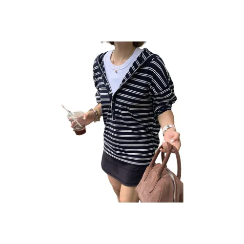 MUCCHIC Темно-синий Синий Полосы Женские T-рубашки