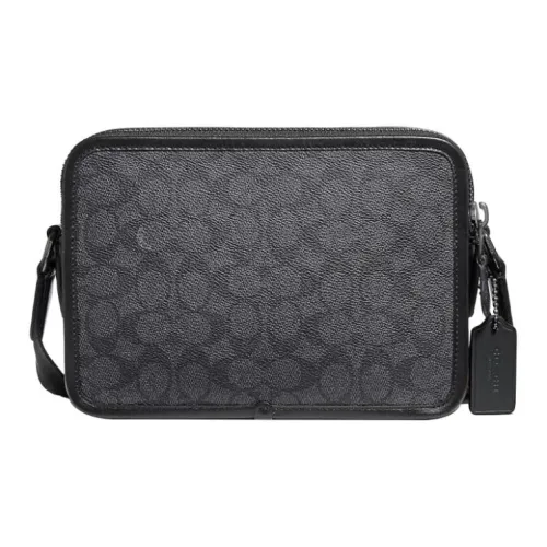 COACH Charter Покрытый холст с телячьей кожей Camera Сумка Сумка через плечо Мужской Черный цвет меди с Уголь