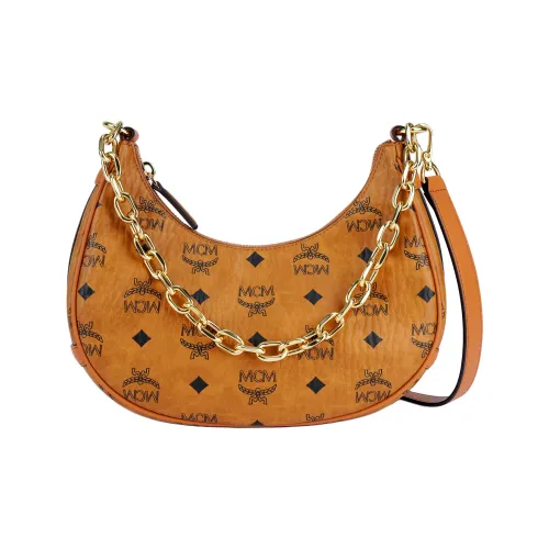 MCM Aren Покрытый холст Полумесяц Сумка Плечевая сумка Маленькая сумка для женщин Коричневый Коньяк