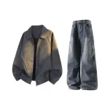 Чёрное пальто + винтажные синие штаны