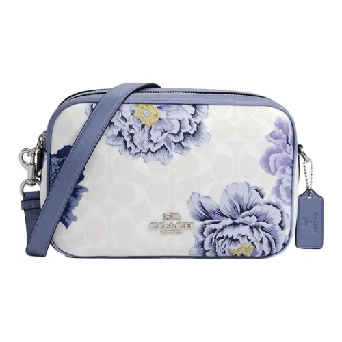 COACH Jes Кожа Camera Сумка Сумка через плечо Женская Синяя и Белая Монограмма