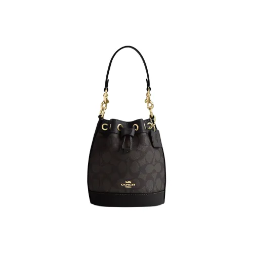 COACH Dempsey ПВХ с кожаными вставками ведрообразная сумка сумка на одно плечо сумка через плечо мини женская темно-коричневый