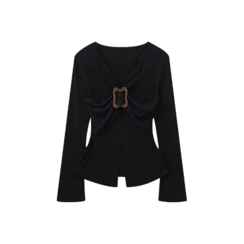 EMDPN Предосенний облегающий крой утяжка на талии расклешенные рукава трикотажная ткань топ женский