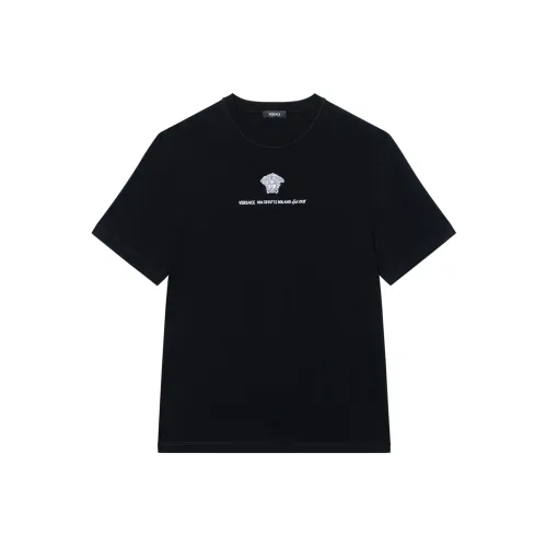 VERSACE Однотонный Letter Logo Вышитый Круглый вырез Короткий рукав Т-рубашка Мужская Черная