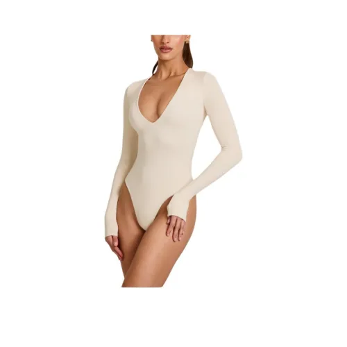 OH POLLY Модал Plunge Long Sleeve Bodysuit в цвете Сливочный Комбинезон Женские