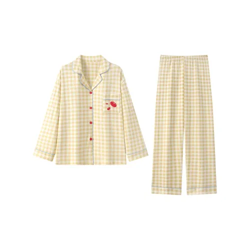 QIAOYUN Жёлтый Клетчатый Женский Пижамный Комплект