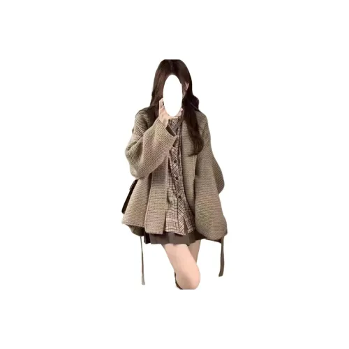 ZVJH Хаки Свитер+Рубашка+Короткая Юбка Женские Комплекты с Юбкой