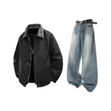 Чёрное пальто + синие штаны