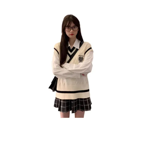 ZVJH Белая рубашка + Абрикосовый жилет Женские трикотаж