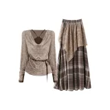 Светлый хаки топ + кофейная юбка в клетку