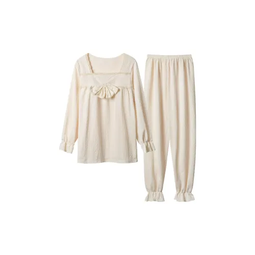 Qian Rise Бант Абрикос Женские Пижамные Комплекты