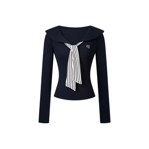 DGOLD Полосы Кружево Вверх Длинный Рукав Т Рубашка Женская