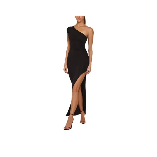 OH POLLY Модал Асимметричное Платье-макси с Ручной Работой на Талии в Черном с Короткими Рукавами Женское