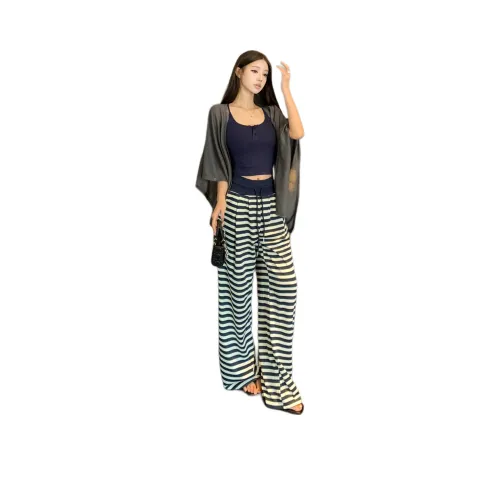 ZVJH Шаль Пальто + Темно-синяя Майка + Полосатые Брюки Женские Повседневные Костюмы