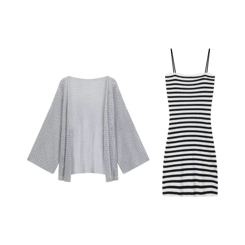 Udon House Полосатое платье-камзол кардиган с вырезами женские комплекты с юбкой