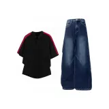 Чёрный топ + классические синие штаны