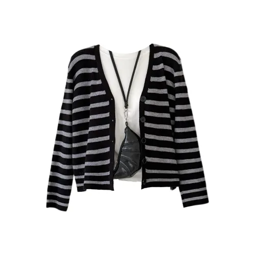 Udon House Полосы V-образный вырез Трикотажная ткань Кардиган Женский Трикотаж