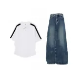 Белый топ + бирюзовые штаны