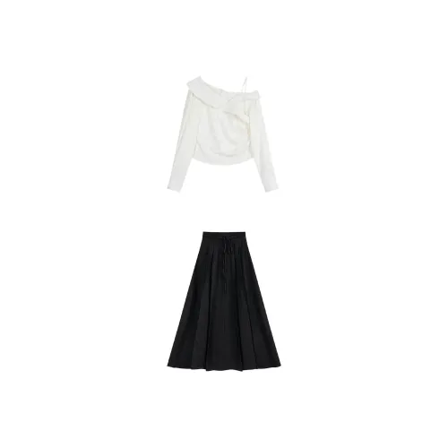 Udon House Белая Рубашка + Черная Юбка Женские Комплекты с Юбкой