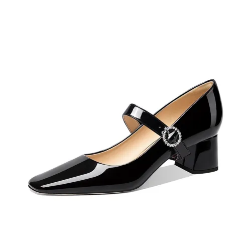 LOLY Черные Квадратные носок Mary Jane Высокие каблуки Грубый каблук Коробка Женские