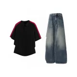 Чёрный топ + винтажные синие штаны