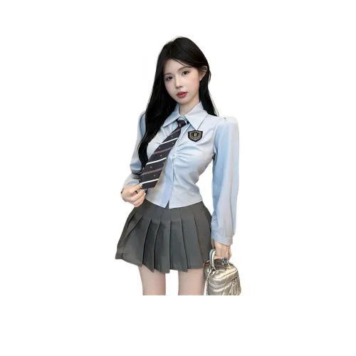 SNZX Одежда Комплект Длинный рукав Топ+Галстук+Серая юбка с оборками Женская униформа