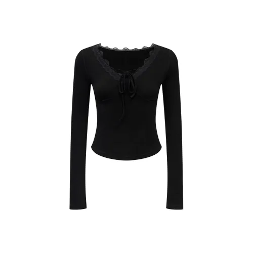 Ariseism Кружевная отделка V-образный вырез Трикотажная ткань Длинный рукав Трикотажная рубашка для женщин Осенний облегающий крой Топ для женщин