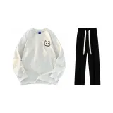 Комплект одежды (Белая, Фотиния, Серый, Длинный рукав, Футболка + Черные, Повседневные, Штаны)