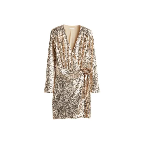 H M Золотые Женские Длинные Платья с Длинными Рукавами