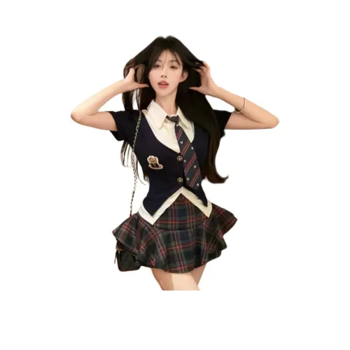 ZVJH Черный Белый Топ * 1 + Юбка * 1 + Галстук * 1 Женские Комплекты с Юбкой
