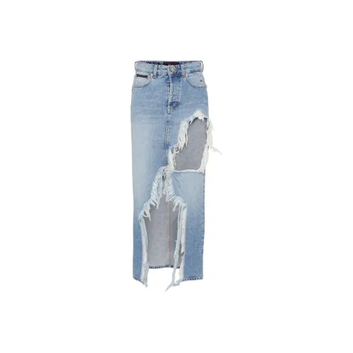 PHILIPP PLEIN SS24 Denim Long Skirt Women's Light Blue