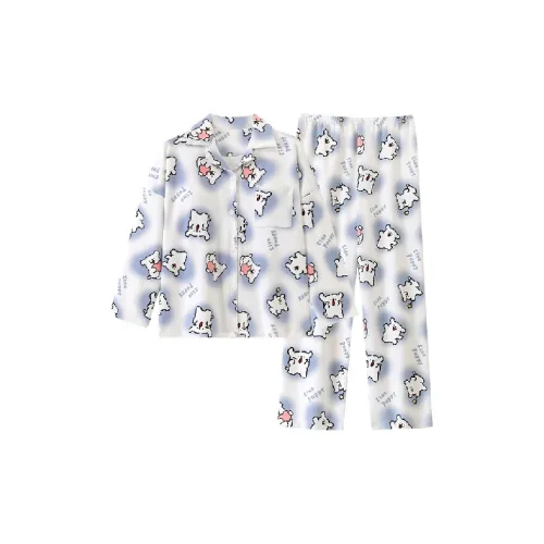 OEING Белый Синий [Комплект] Женские Пижамные Наборы