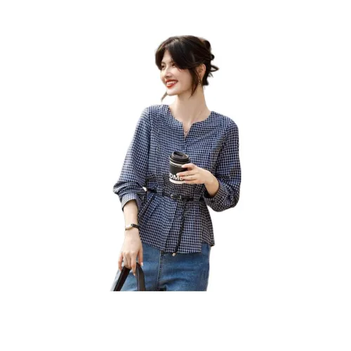 SHANGJING Темно-синяя рубашка в клетку для женщин