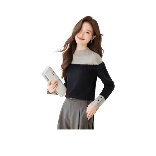 PZHK Черный и Серый Трикотажная Ткань Женские Трикотажные