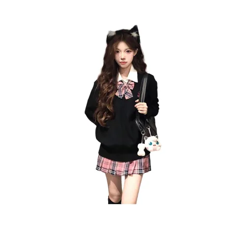 OURUOKE Черный Свитер+Рубашка+Юбка с оборками+Галстук-бабочка Женские Комплекты с юбкой