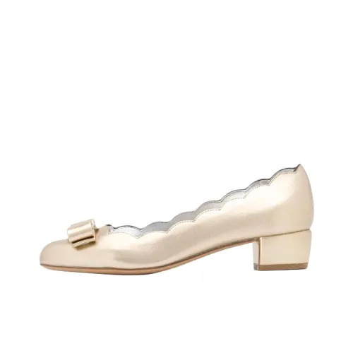 Ferragamo Bara Bow Thick Heel High Heels Women's Gold Феррагамо Bara Арочный Толстый Каблук Высокие Каблуки Женские Золото