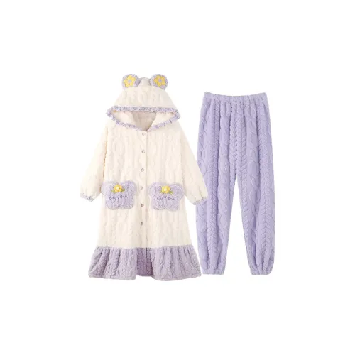 GOYN Фиолетовый Цветочный Халат для сна + Пижамные штаны Женские Банные халаты