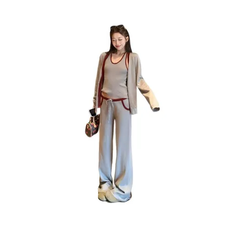 OURUOKE Топ-танк + кардиган + красные и серые повседневные штаны женские повседневные костюмы