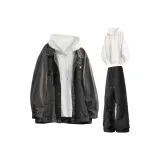 Джинсовая серая куртка + белый свитшот + черные повседневные штаны